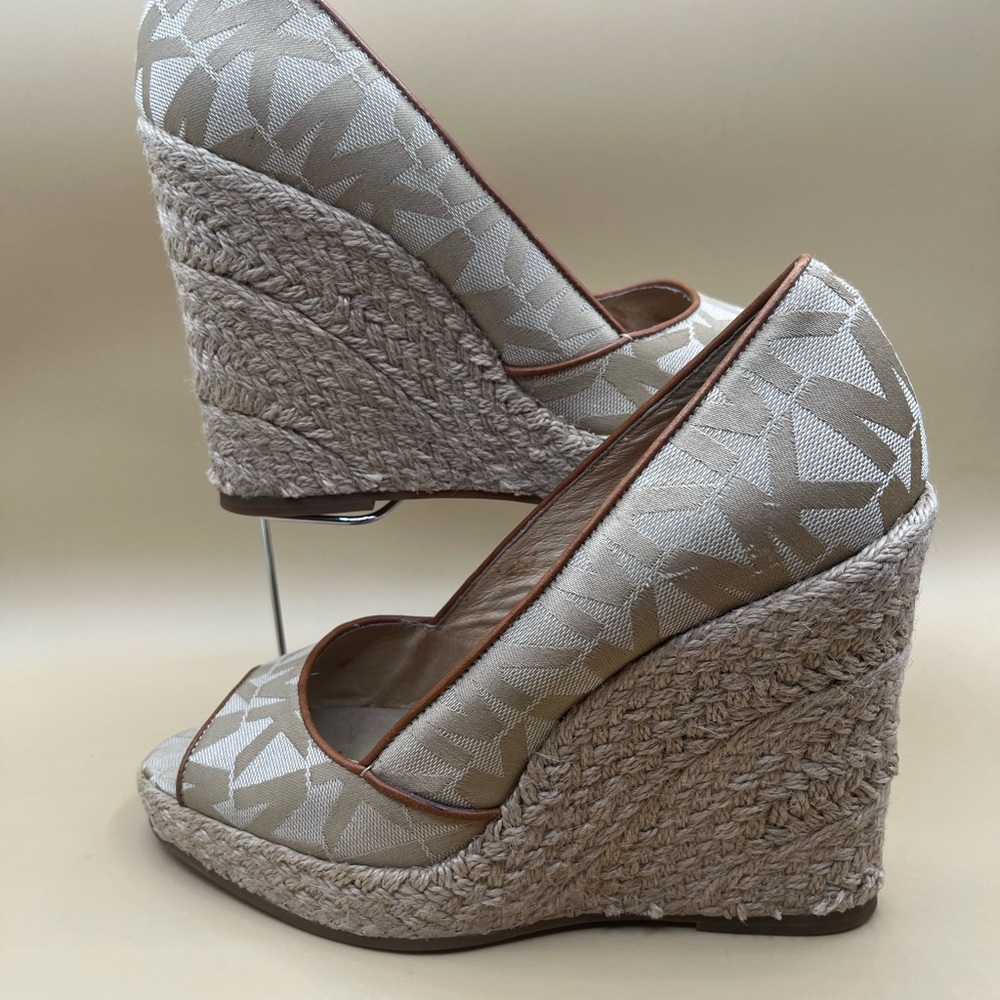 Elegant Cream and Brown Michael Kors Peep-Toe Wedges
